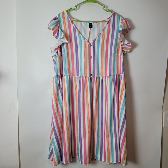 Striped Multi-Color Ruffle Sleeve V-Neck Button Front Swing Dress 3XL By Emery R - Picture 1 of 4